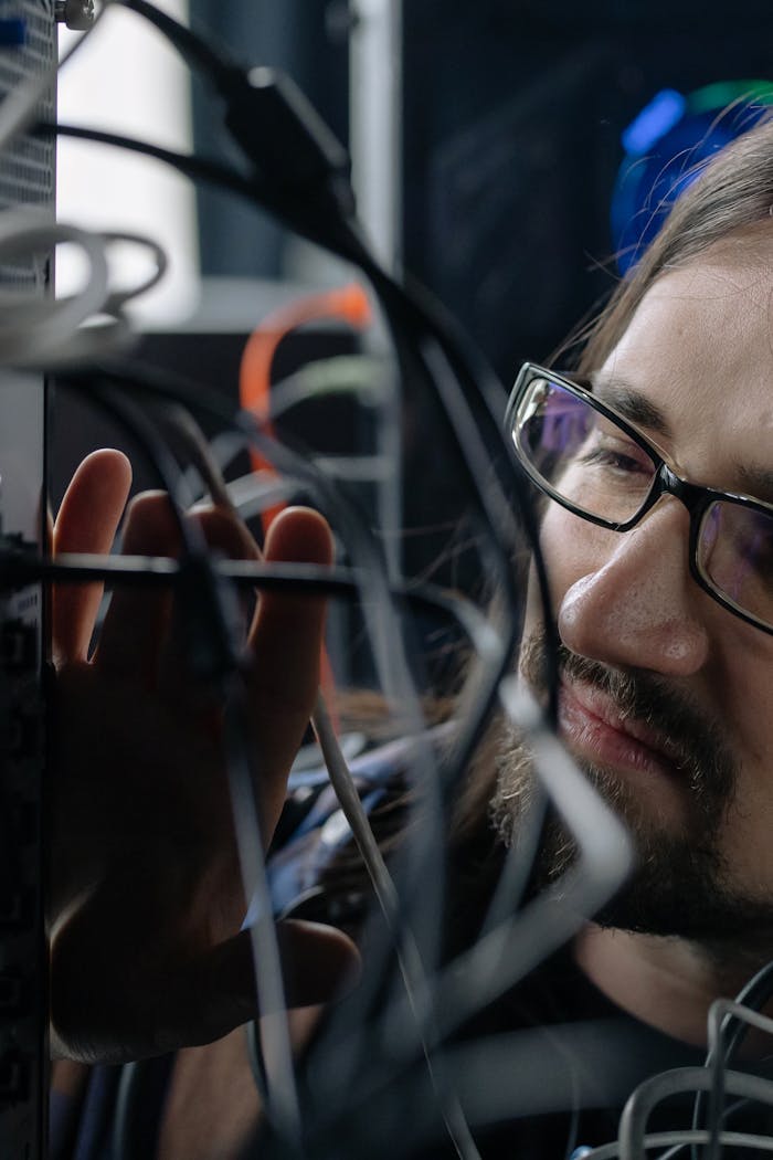 home-img Professional IT specialist handling network cables in a server room.